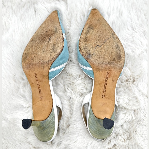 RARE Manolo Blahnik light blue pony hair leather lace-up slingback heels 37 US 7 - Picture 11 of 12